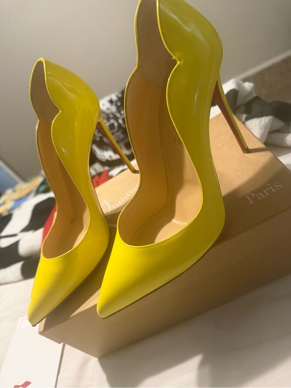 Christian Louboutin Yellow Patent Scalloped Stiletto Pumps